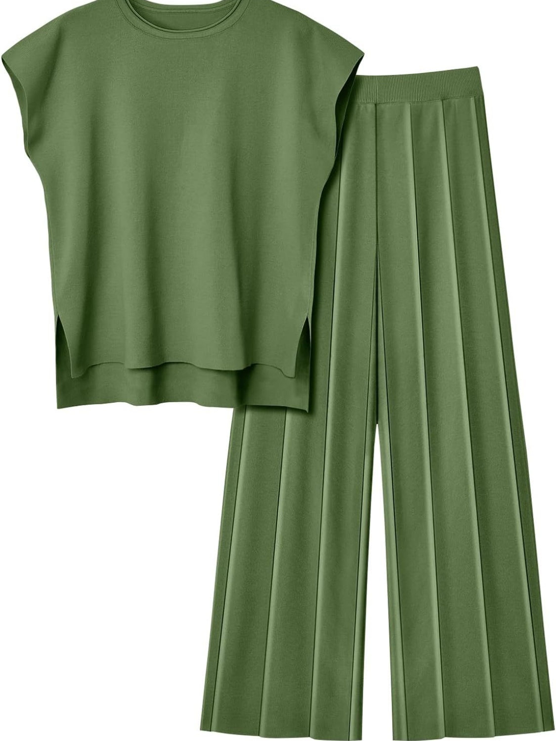 Warehouse-Round Neck Cap Sleeve Top and Pants Knit Set