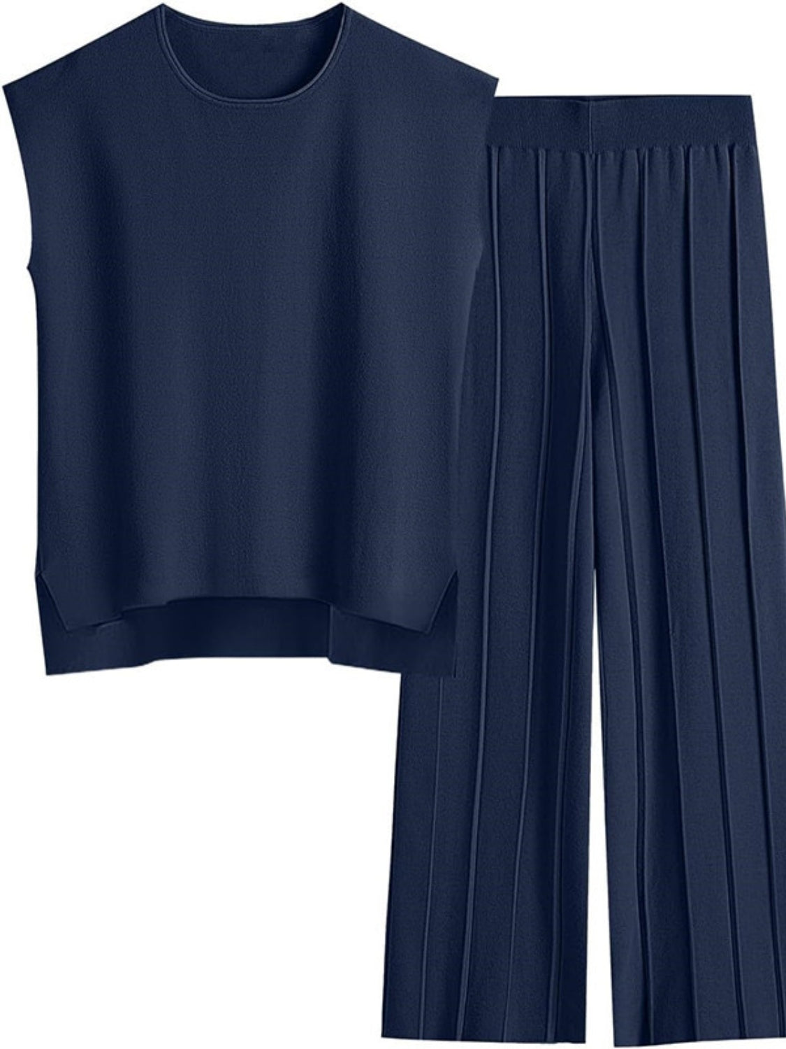 Warehouse-Round Neck Cap Sleeve Top and Pants Knit Set