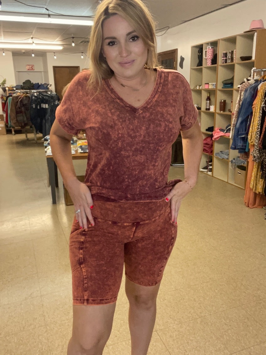 Almond Mineral Wash Biker Shorts