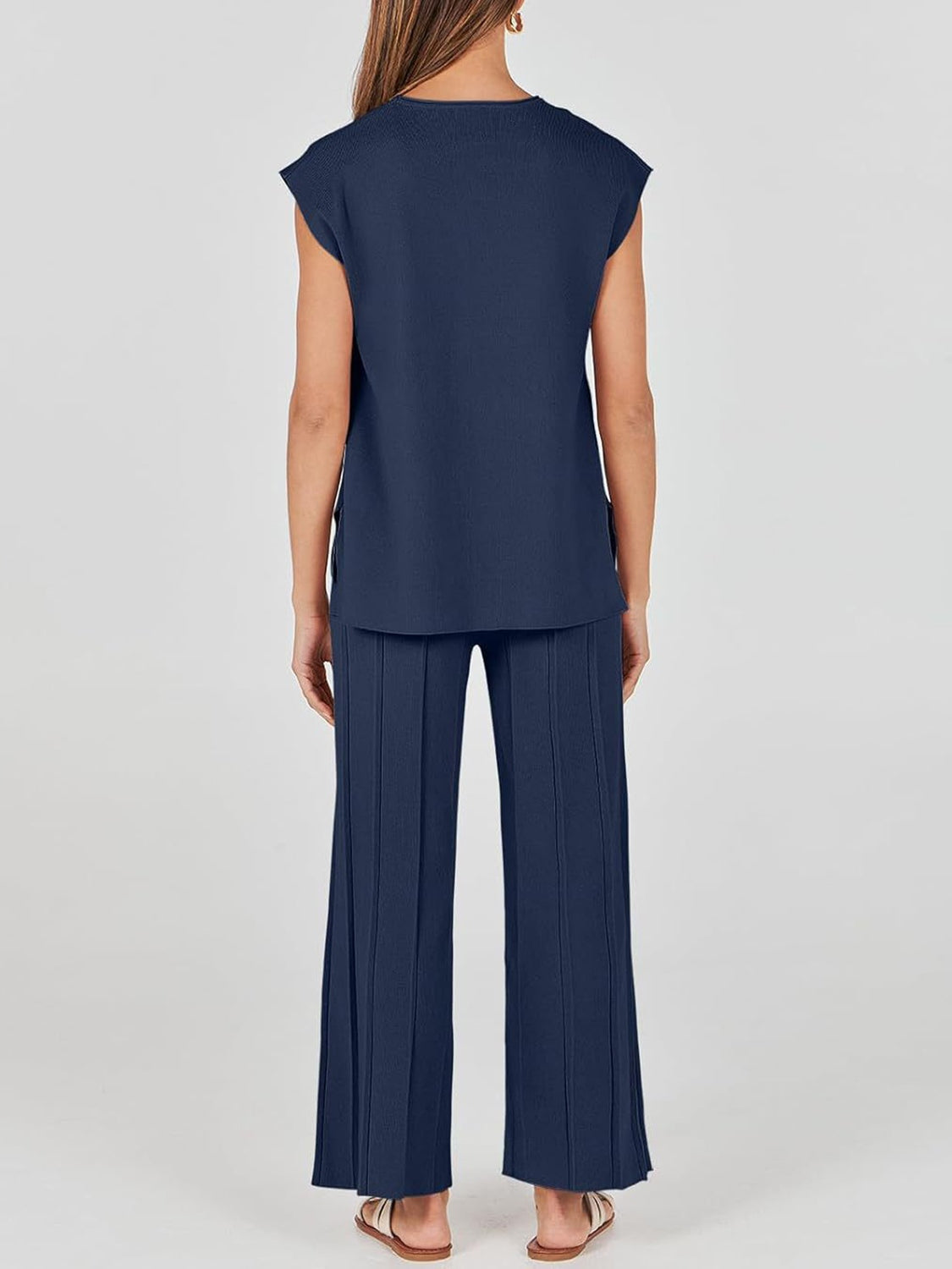 Warehouse-Round Neck Cap Sleeve Top and Pants Knit Set