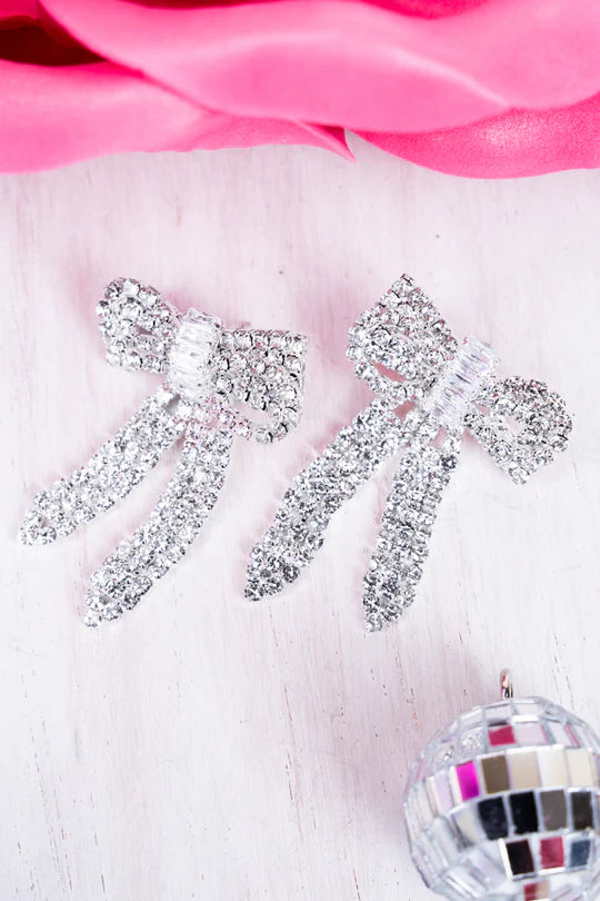 Belle Of The Ball Sparkling Silvertone Bow Earrings