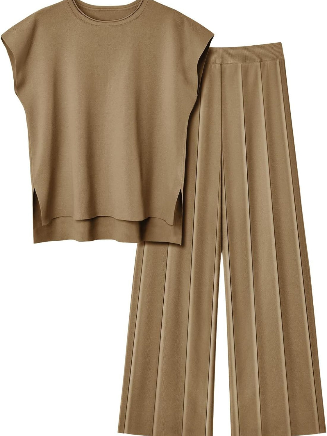 Warehouse-Round Neck Cap Sleeve Top and Pants Knit Set