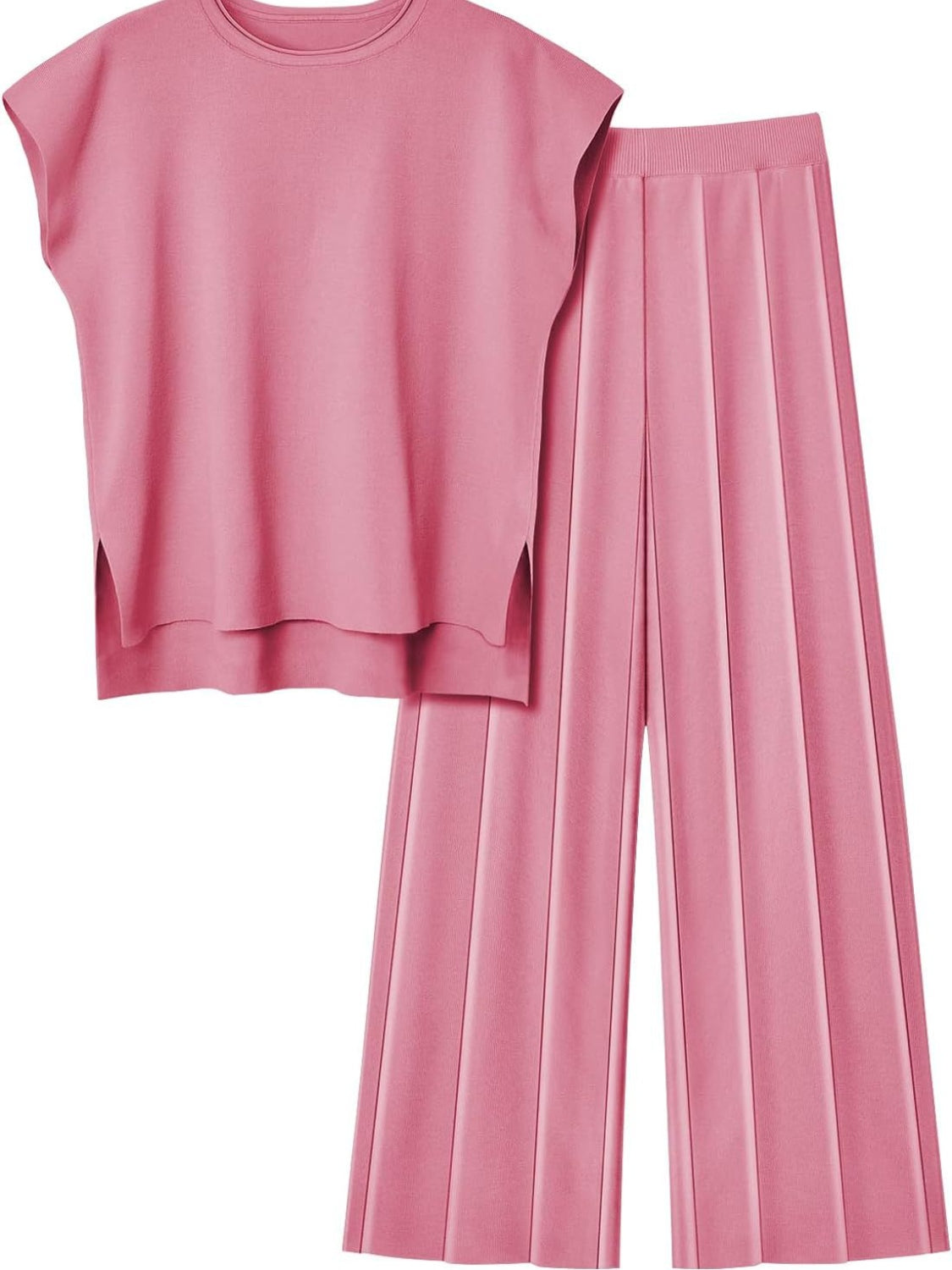 Warehouse-Round Neck Cap Sleeve Top and Pants Knit Set