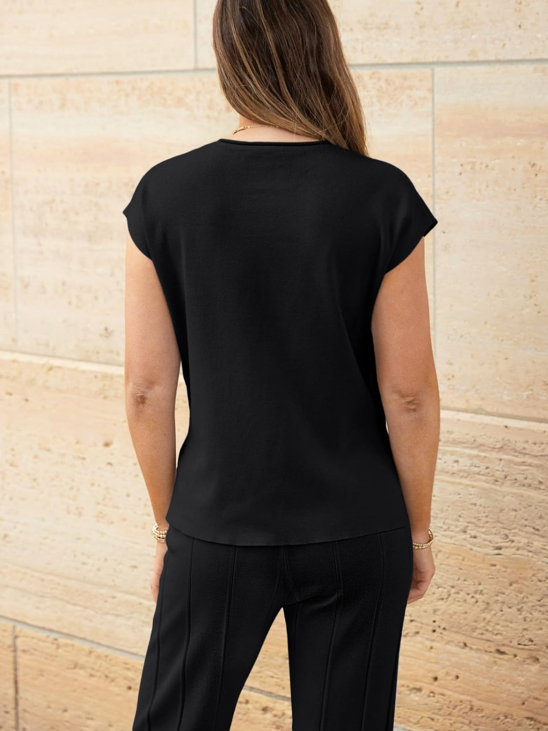 Warehouse-Round Neck Cap Sleeve Top and Pants Knit Set