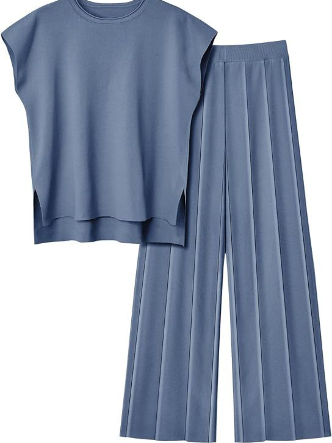 Warehouse-Round Neck Cap Sleeve Top and Pants Knit Set