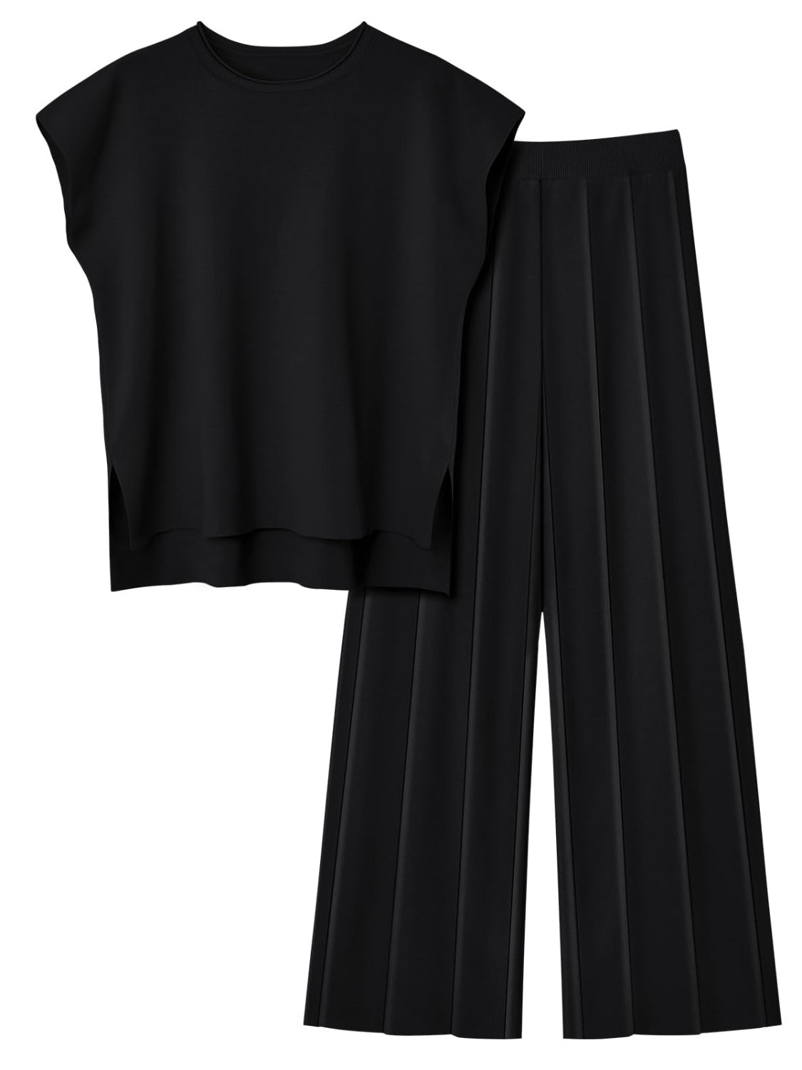 Warehouse-Round Neck Cap Sleeve Top and Pants Knit Set