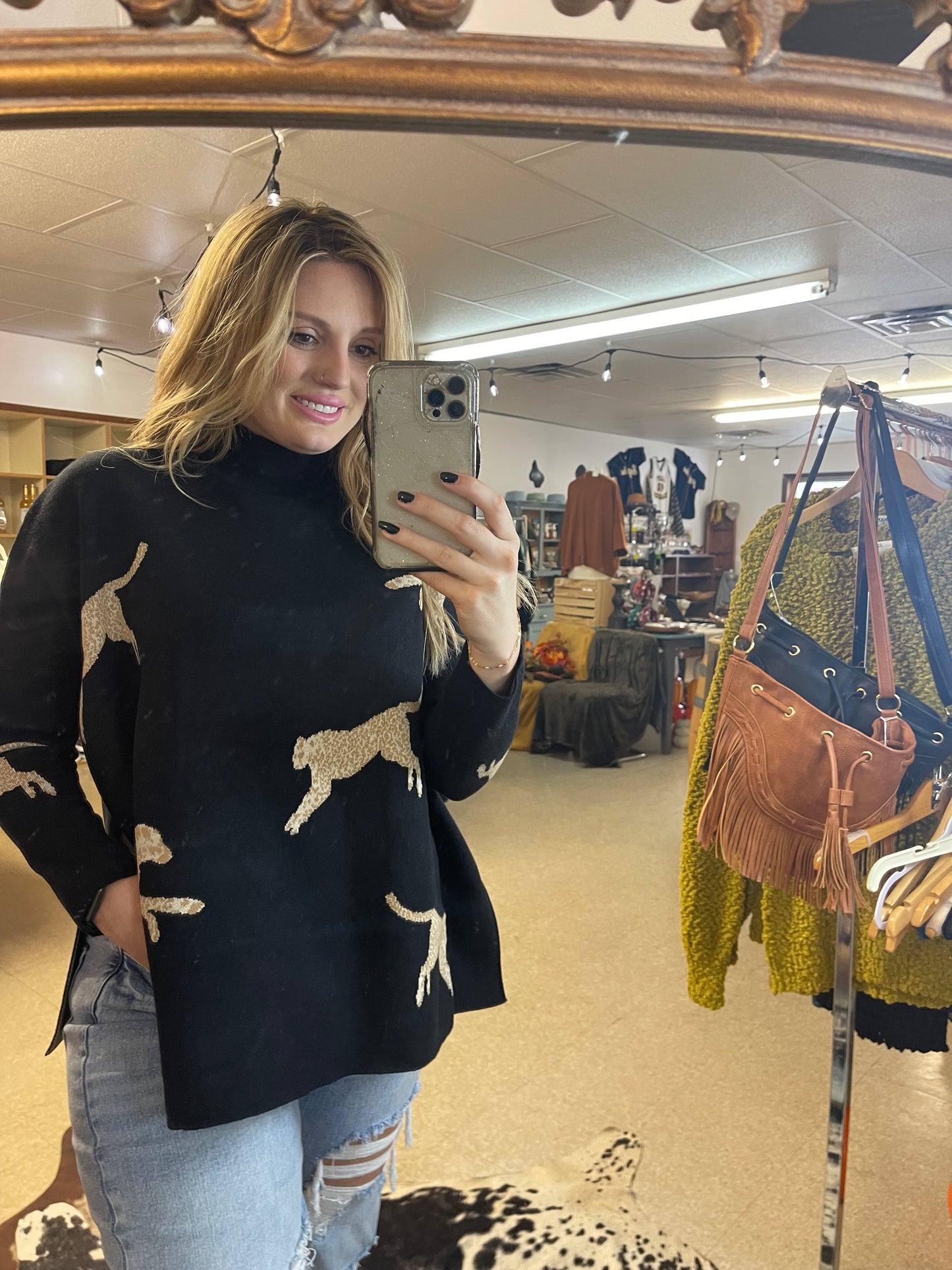 Lola Mock Neck Oversized Long Sleeve Animal Print Sweater