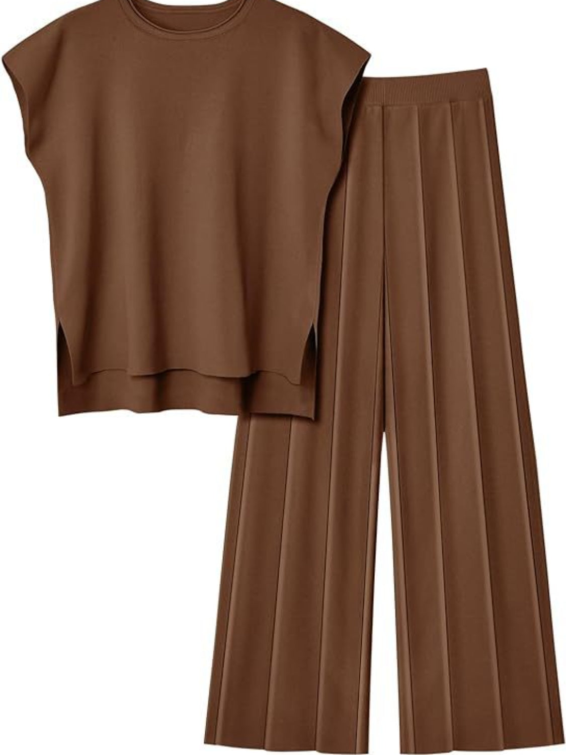 Warehouse-Round Neck Cap Sleeve Top and Pants Knit Set