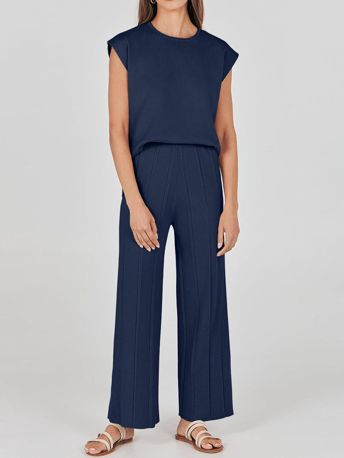 Warehouse-Round Neck Cap Sleeve Top and Pants Knit Set