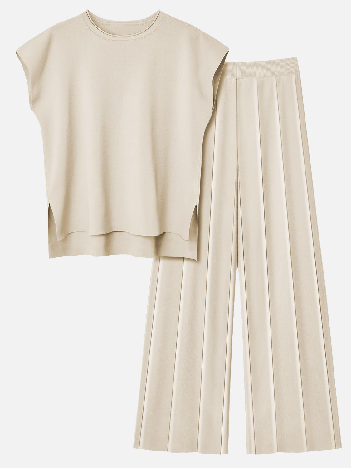 Warehouse-Round Neck Cap Sleeve Top and Pants Knit Set