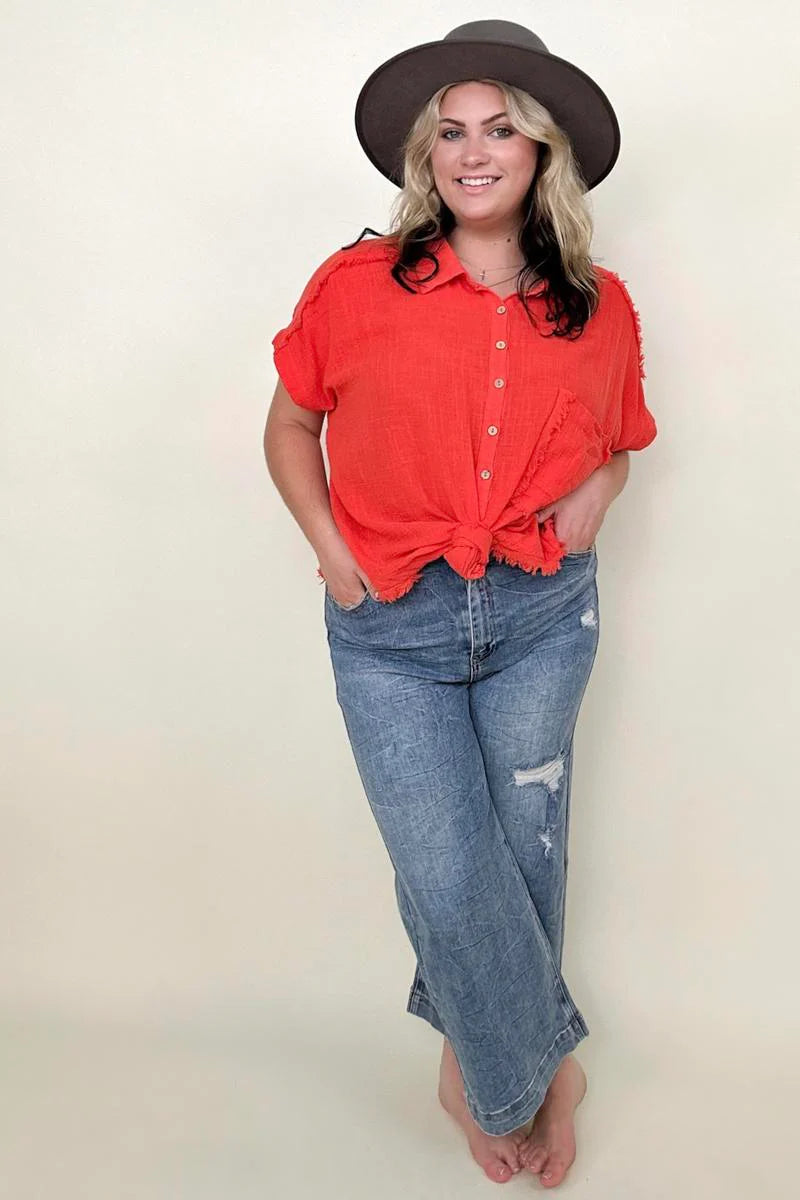 Gigio Cut Edge Detail Dolman Sleeve Muslin Top