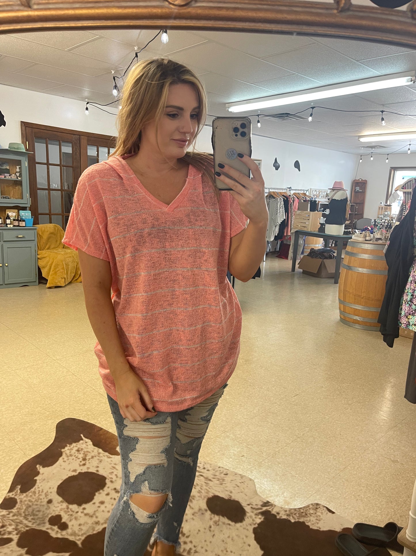 Peach Stripe Top With Hood