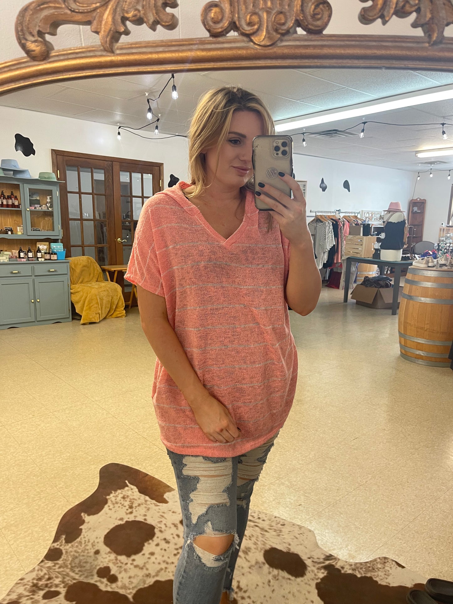 Peach Stripe Top With Hood
