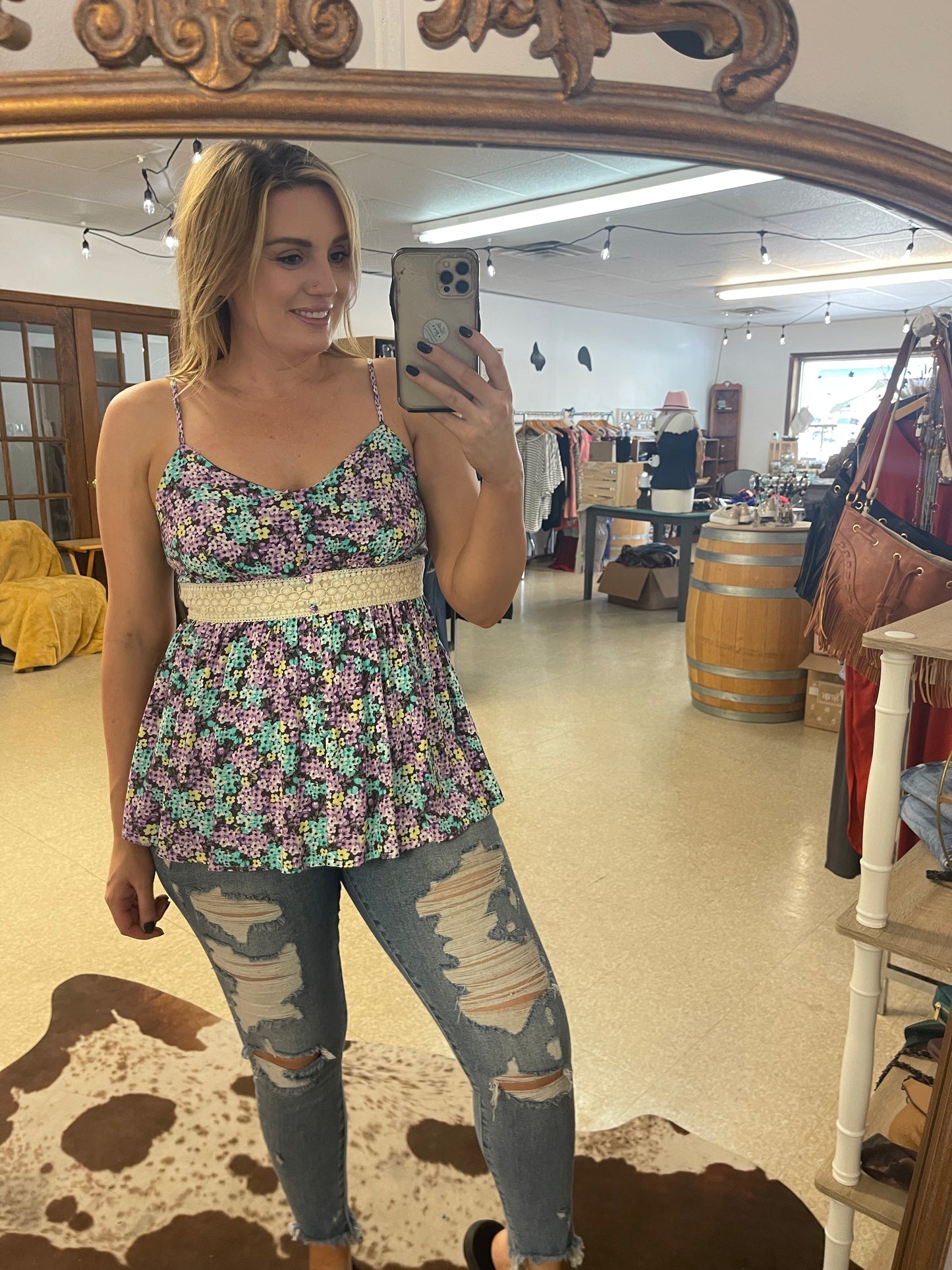 Floral Tank With Lace Trim
