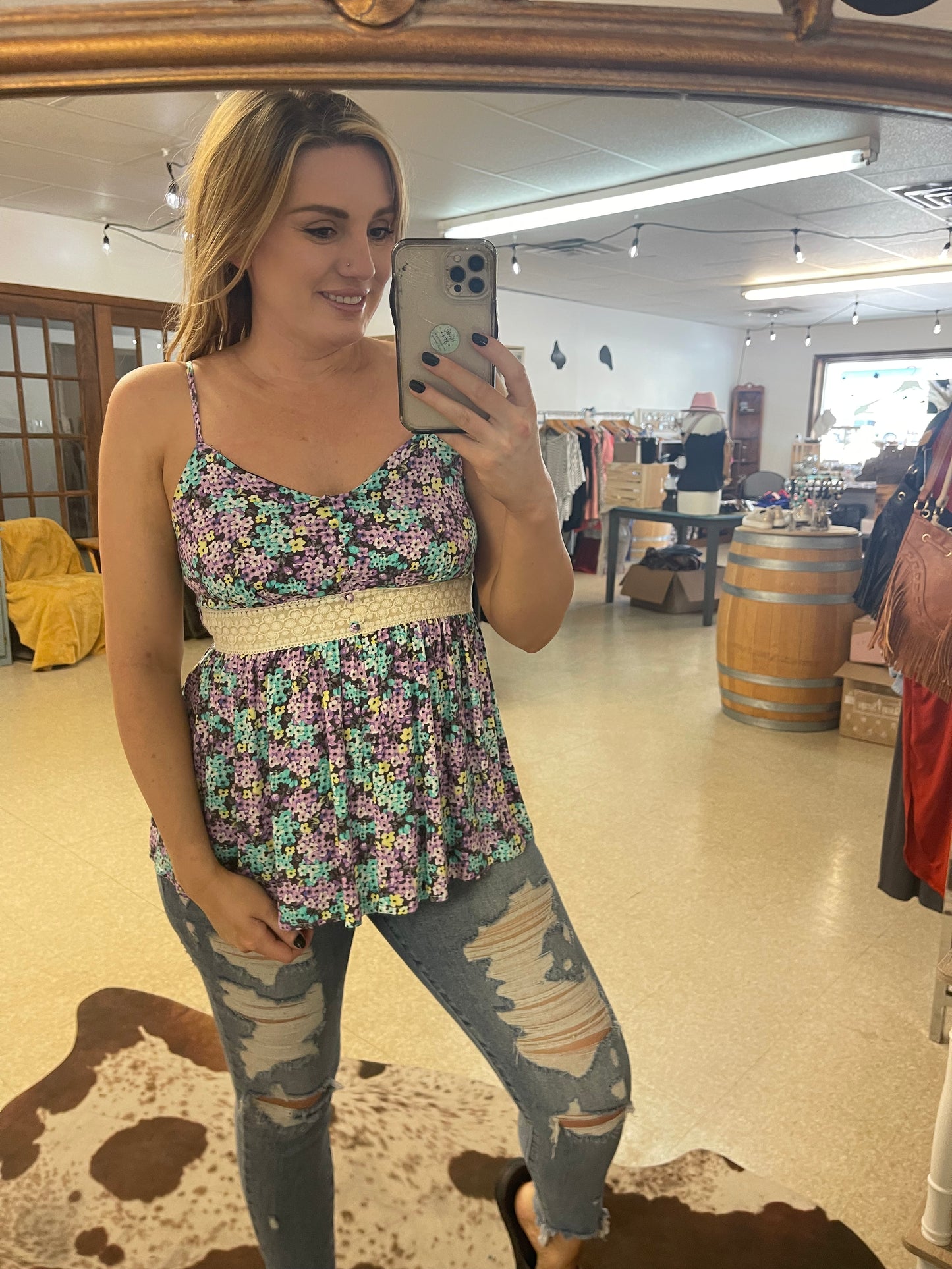 Floral Tank With Lace Trim