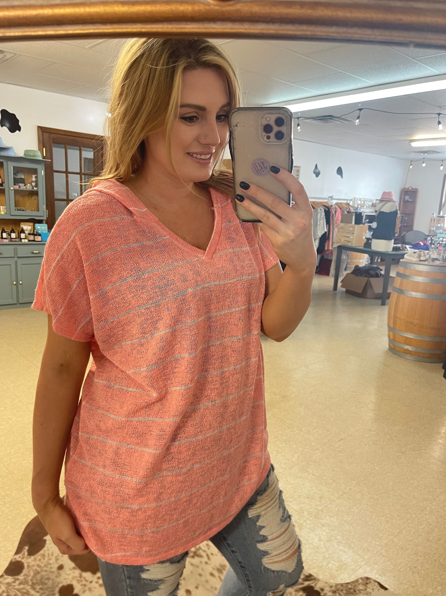 Peach Stripe Top With Hood