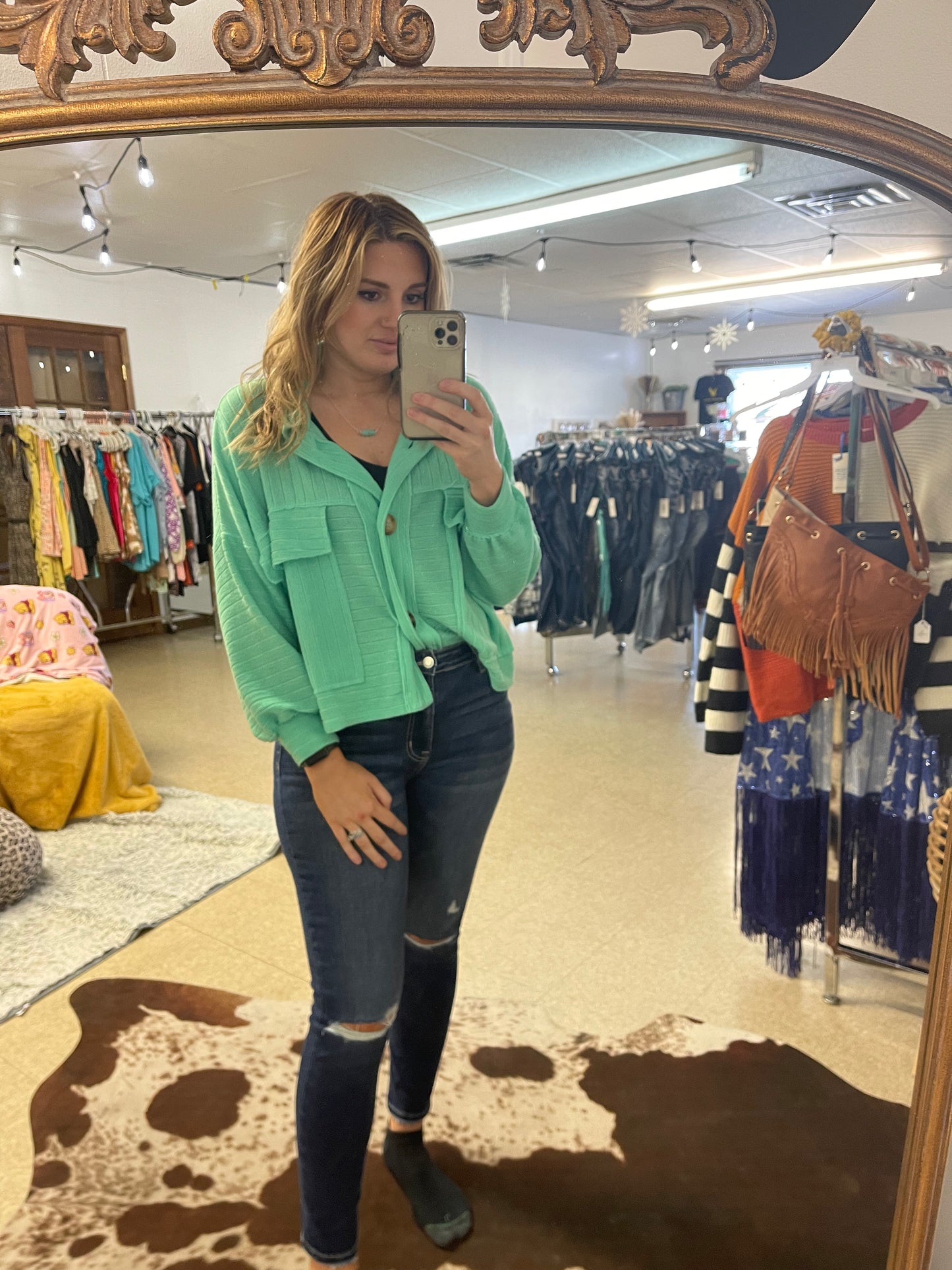 Green Ribbed Crop Shacket Top
