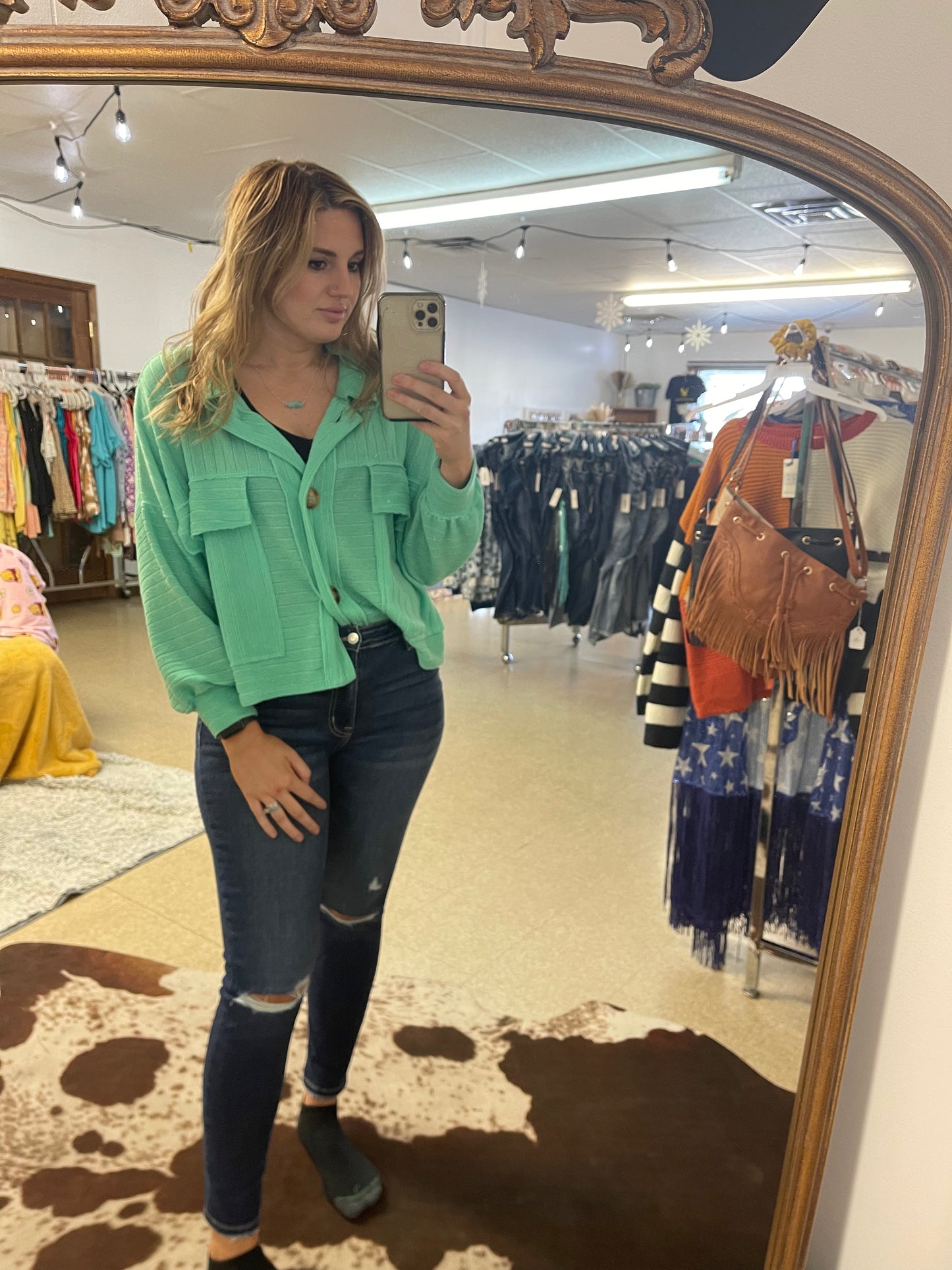 Green Ribbed Crop Shacket Top