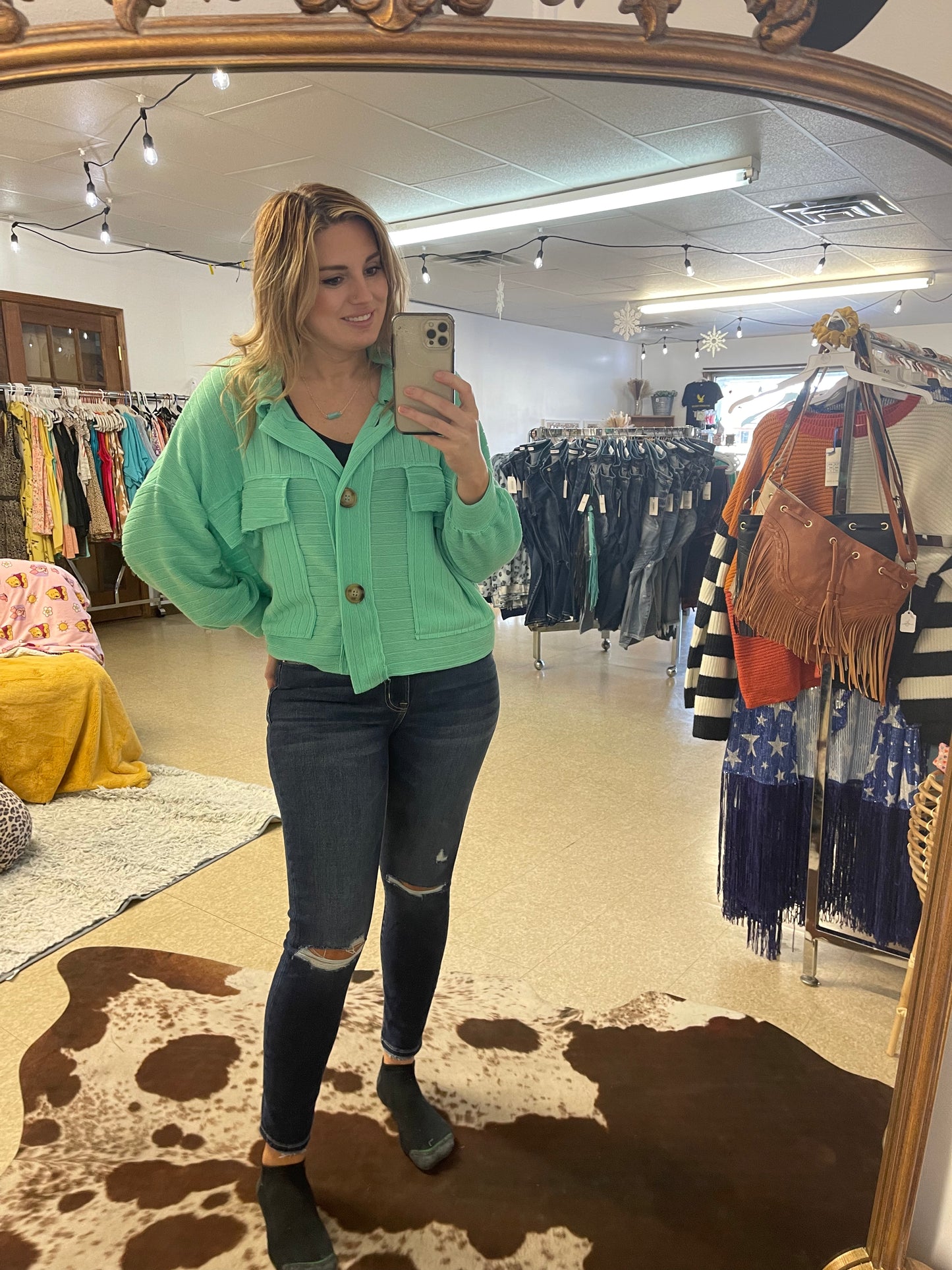 Green Ribbed Crop Shacket Top