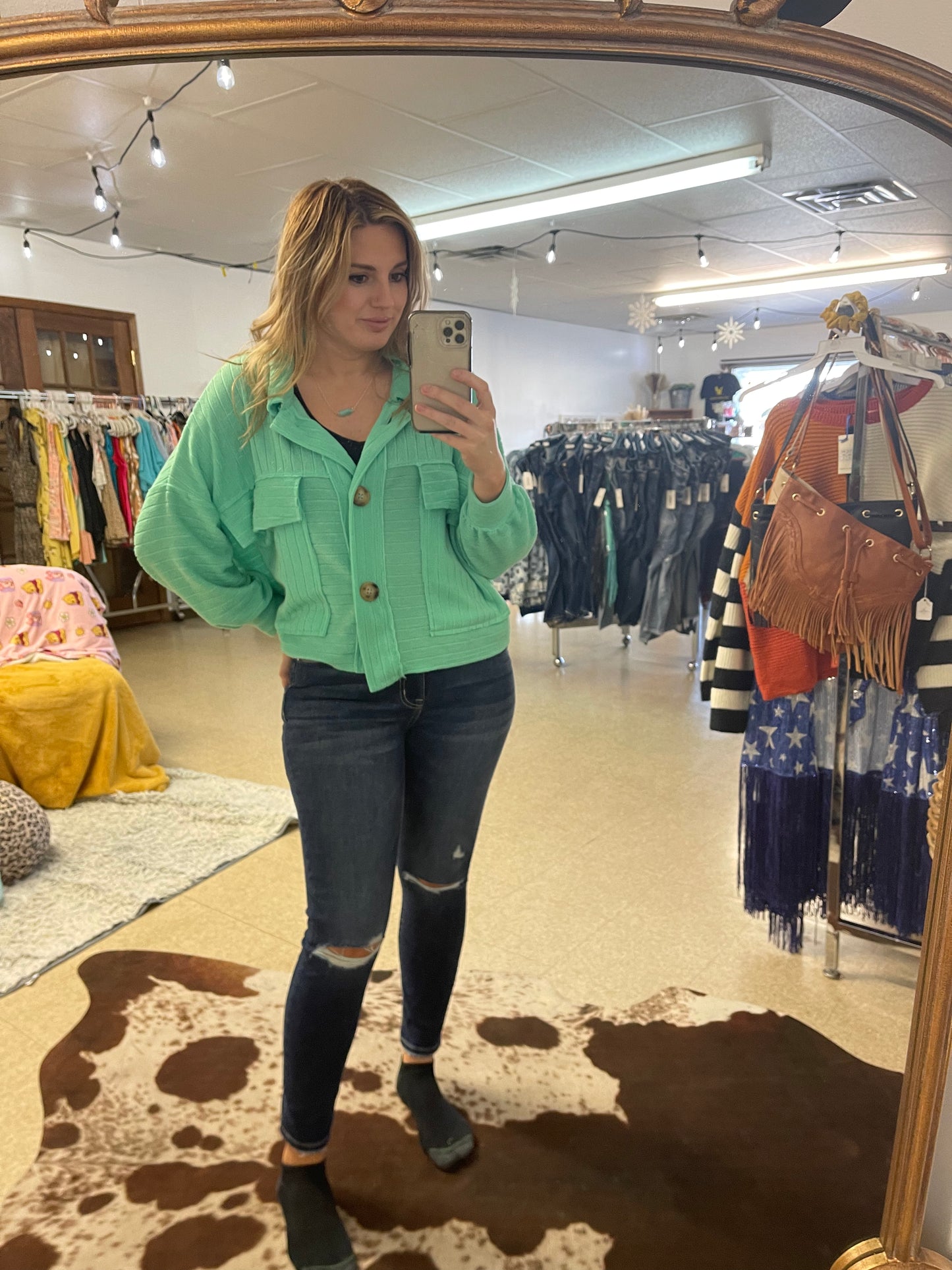 Green Ribbed Crop Shacket Top