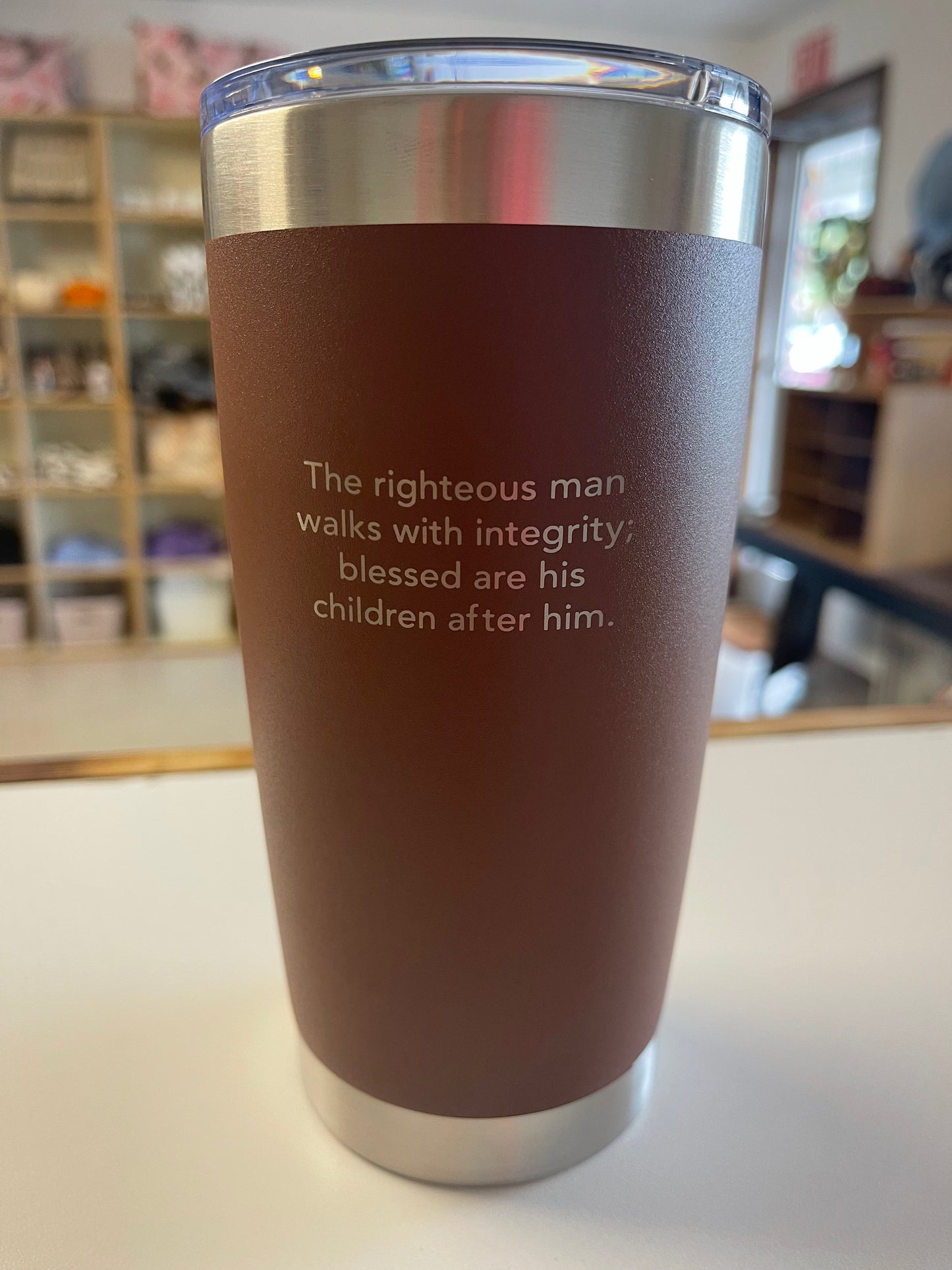 Proverbs 20:7 “Righteous Man” travel Mug - Boutique 276