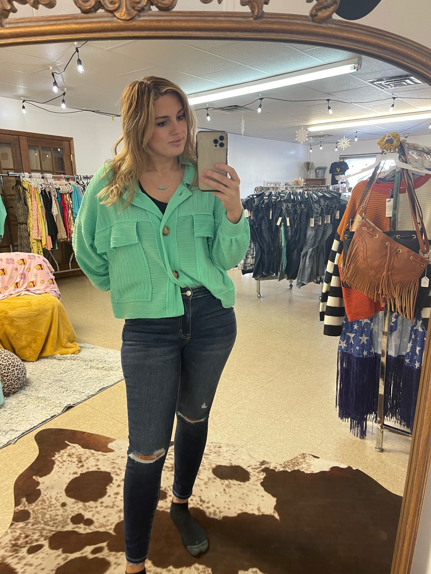 Green Ribbed Crop Shacket Top