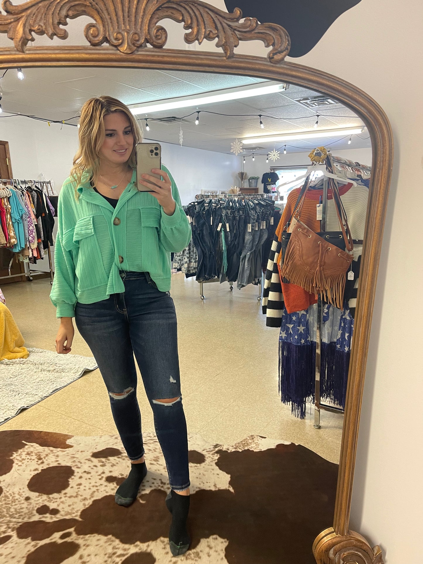 Green Ribbed Crop Shacket Top
