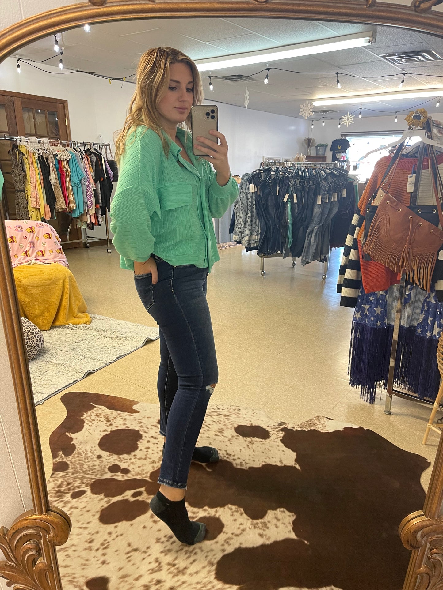 Green Ribbed Crop Shacket Top