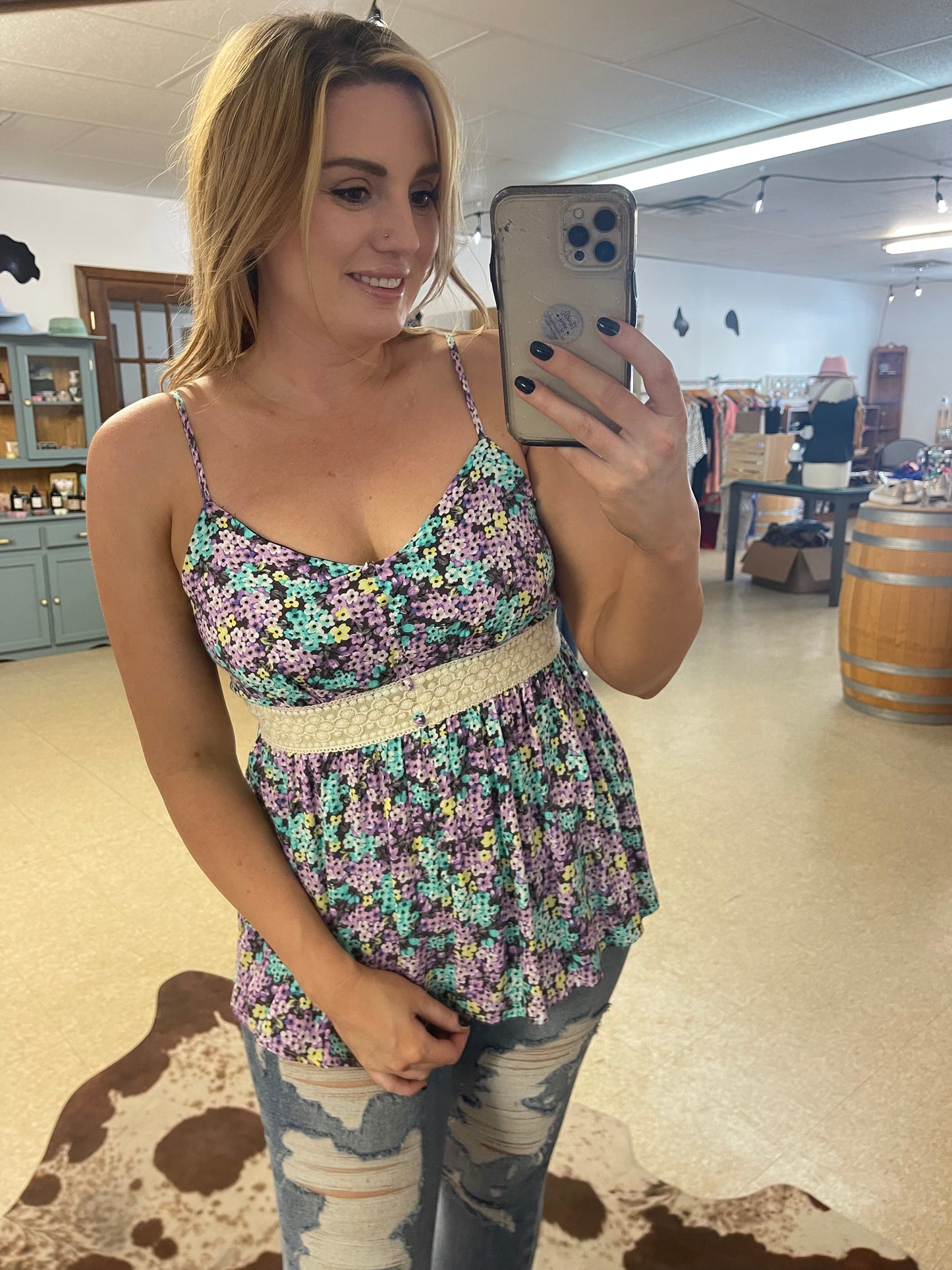 Floral Tank With Lace Trim