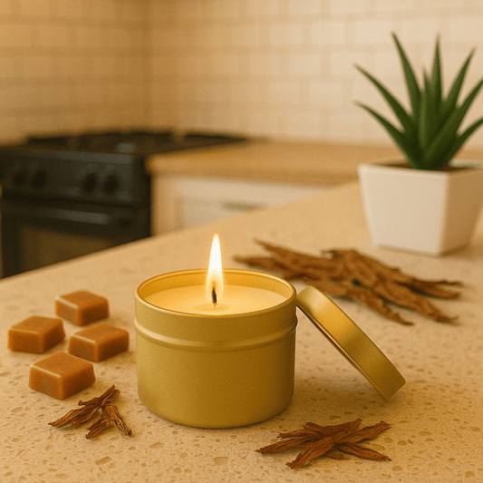 Tobacco and Caramel Gold Tin Soy Candle