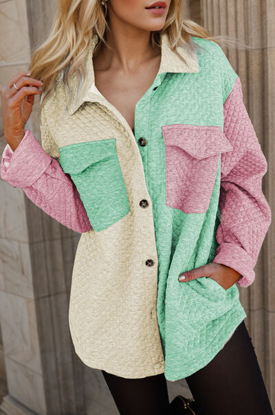 Color Block Button Up Long Sleeve Shacket