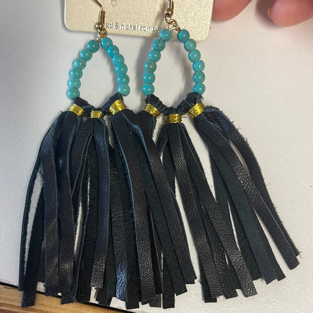 Black Fringe Turquoise Crackle Earrings Boutique 276