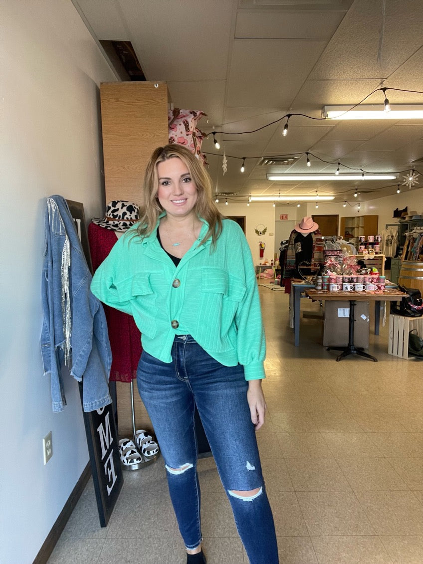 Green Ribbed Crop Shacket Top Boutique 276
