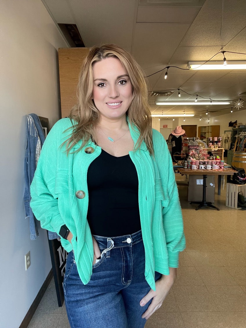 Green Ribbed Crop Shacket Top Boutique 276