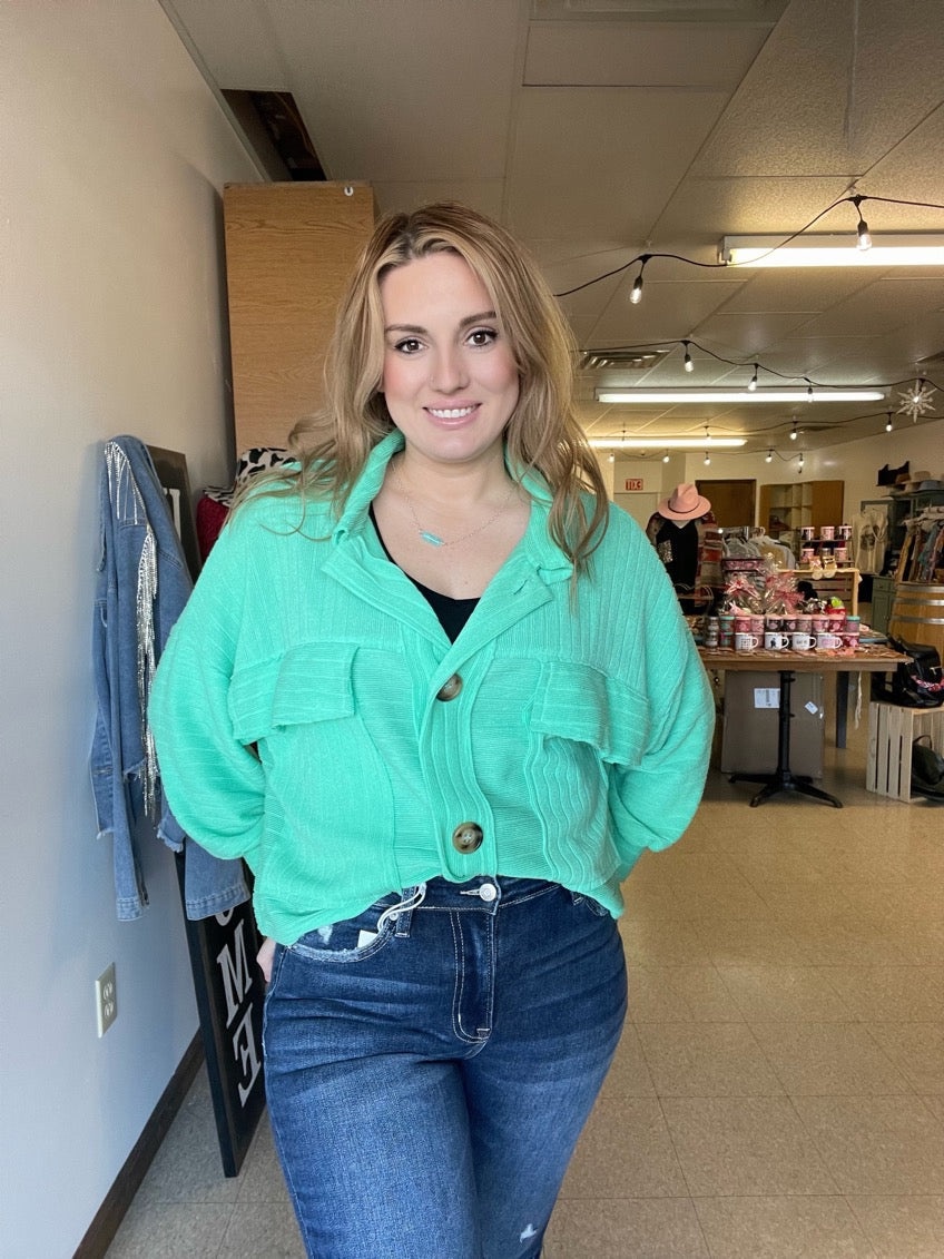 Green Ribbed Crop Shacket Top Boutique 276