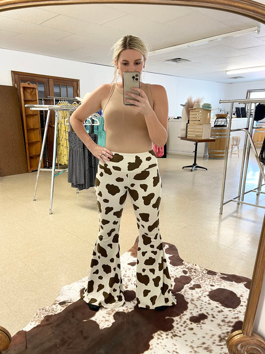 Buttery Soft Yoga Cow Print Flares - Boutique 276