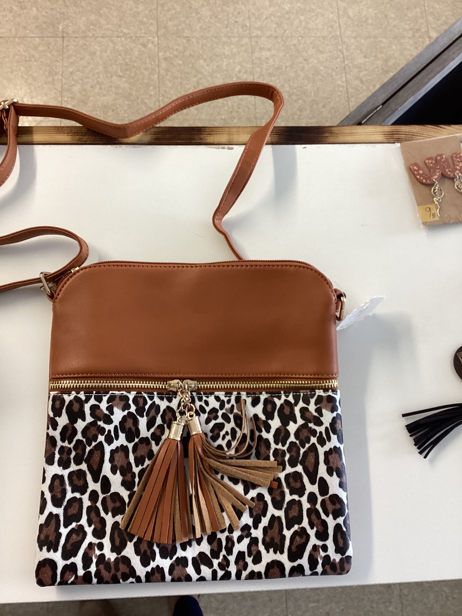 Brown and Leopard Print Crossbody Handbag with Tassels - Boutique 276