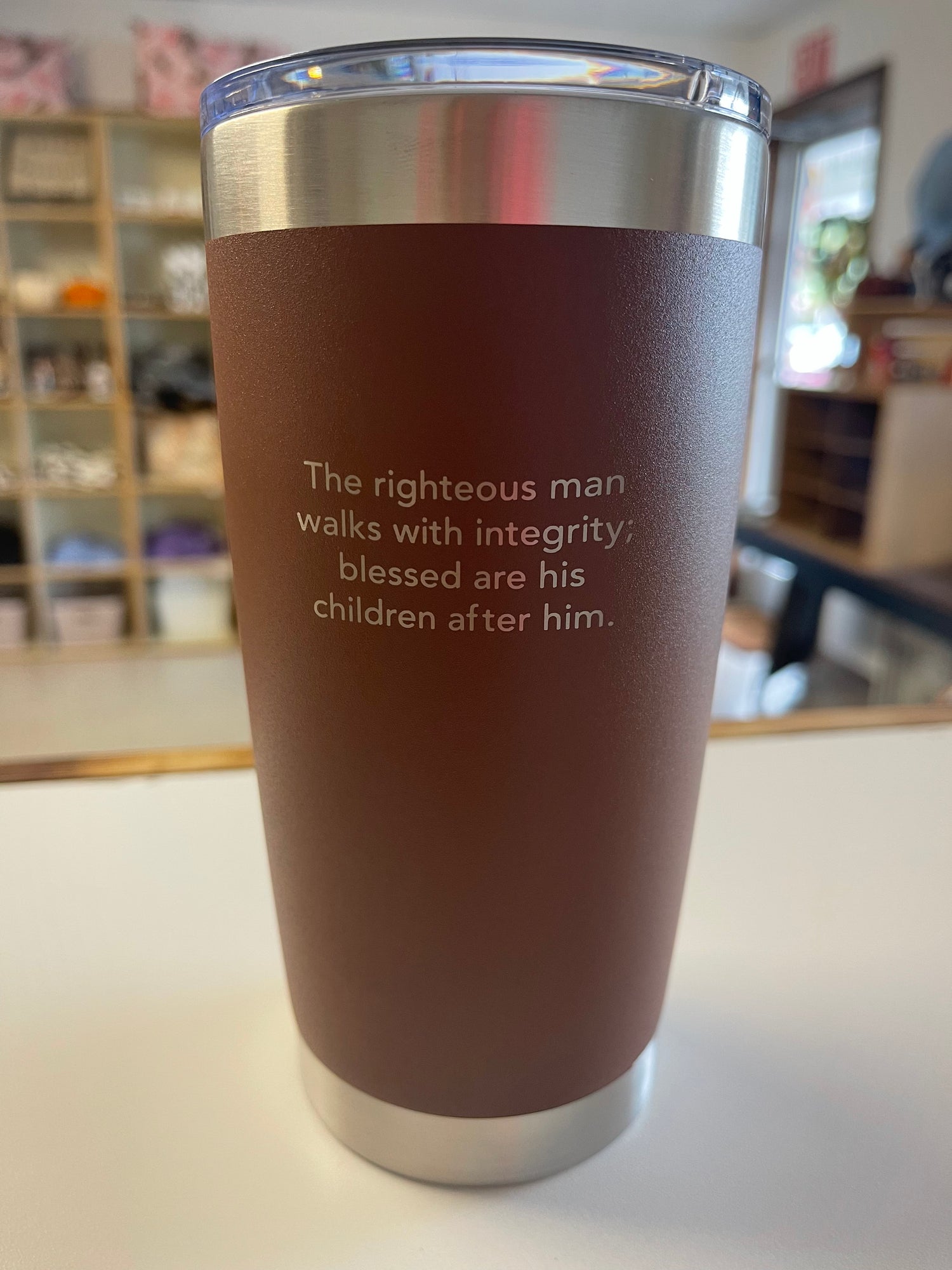 Proverbs 20:7 “Righteous Man” travel Mug - Boutique 276